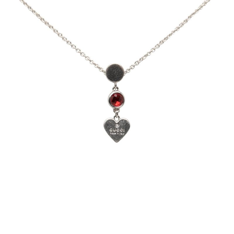 Gucci Trademark Drop Pendant Heart Necklace Silver Red Crystal