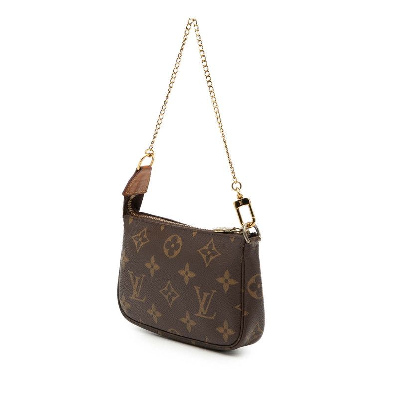Louis Vuitton Monogram Mini Pochette Chain Handbag Pouch Brown Leather