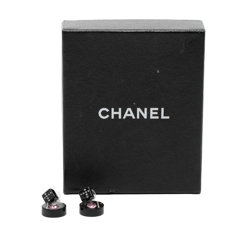Chanel CC Logo Heart Earrings Silver Black Pink Metal Line Stone