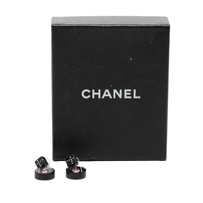 Chanel CC Logo Heart Earrings Silver Black Pink Metal Line Stone