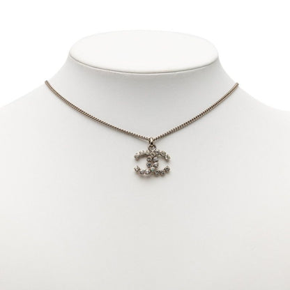 Chanel CC Logo Necklace Silver Metal Line Stone