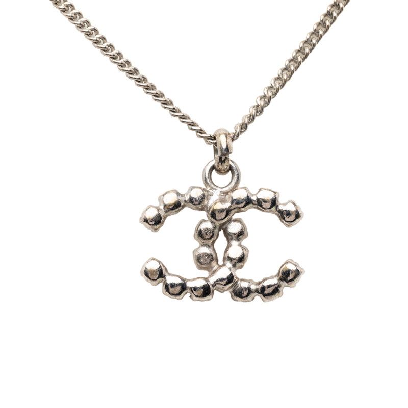 Chanel CC Logo Necklace Silver Metal Line Stone