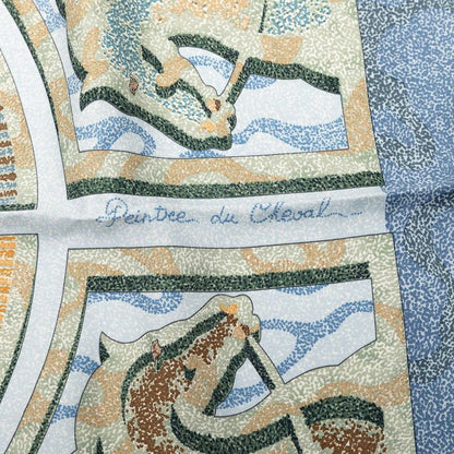 Hermes Carre 90 Peintre du Cheval Horse Painter Scarf Blue Green Silk