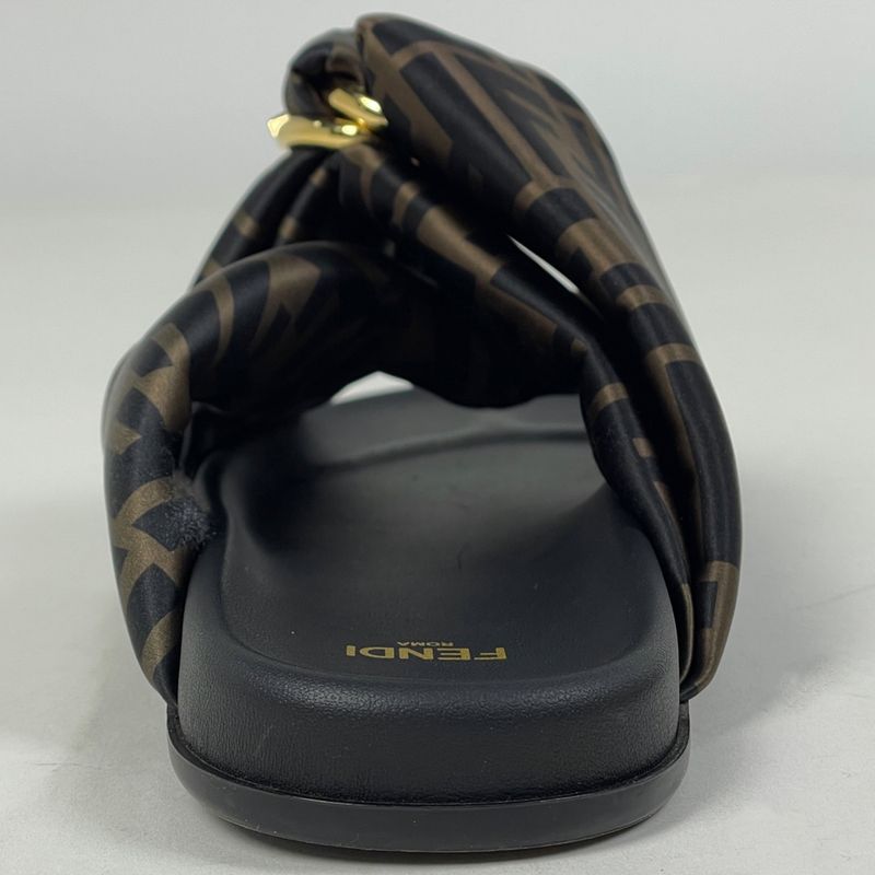 Fendi Feel Zucca Pattern Flat Sandals Shoes Leather Brown Black