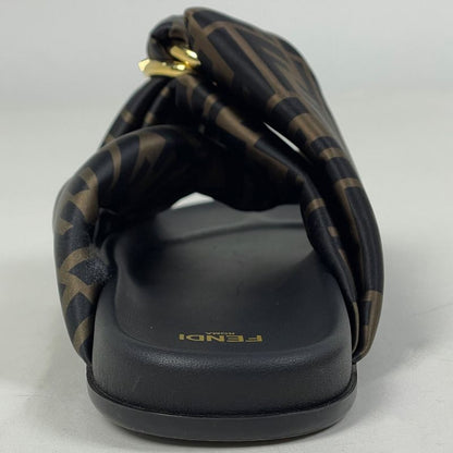 Fendi Feel Zucca Pattern Flat Sandals Shoes Leather Brown Black