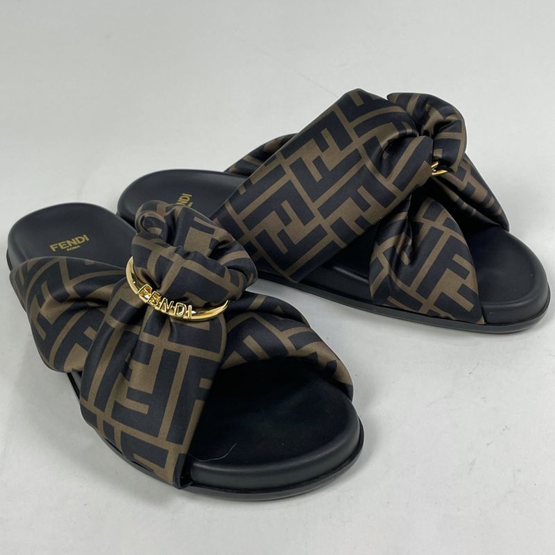 Fendi Feel Zucca Pattern Flat Sandals Shoes Leather Brown Black