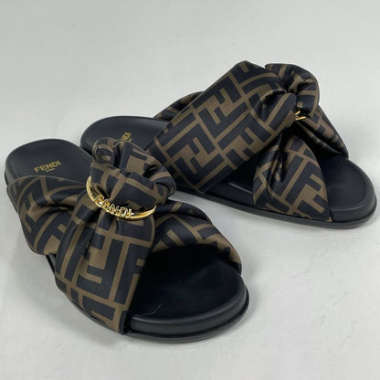 Fendi Feel Zucca Pattern Flat Sandals Shoes Leather Brown Black