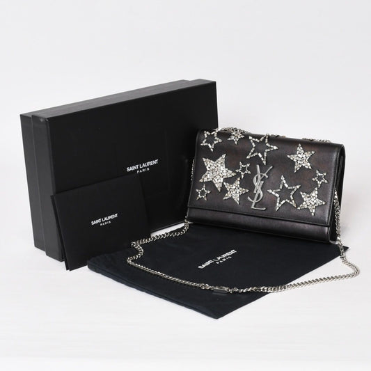 Saint Laurent Shoulder Bag YSL Logo Star Studs Leather Gold Black