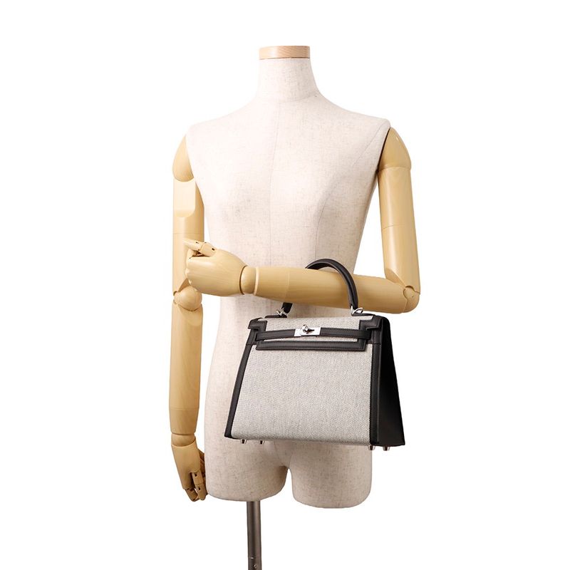 Hermes Handbag Kelly 25 Outer Sewing Ecru Black Silver Toile Ash Swift 2-Way