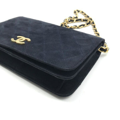 Chanel CC Logo Mini Quilted Velour Push Lock Chain Shoulder Bag Navy