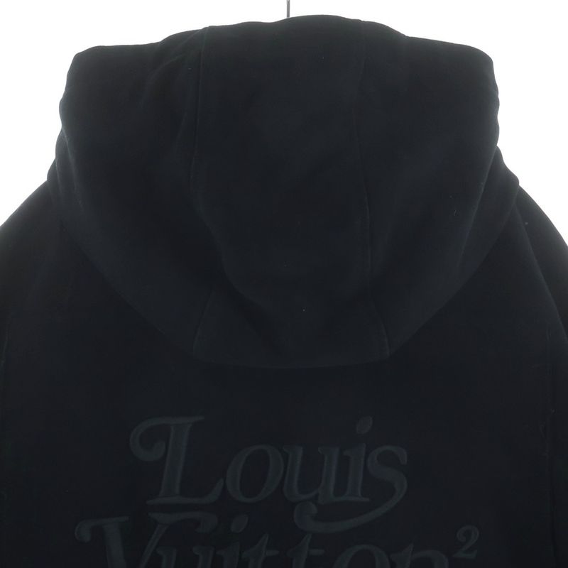 Louis Vuitton Logo Embroidery Wool Hooded Zip Up Jacket Coat Black