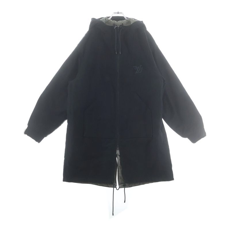 Louis Vuitton Logo Embroidery Wool Hooded Zip Up Jacket Coat Black
