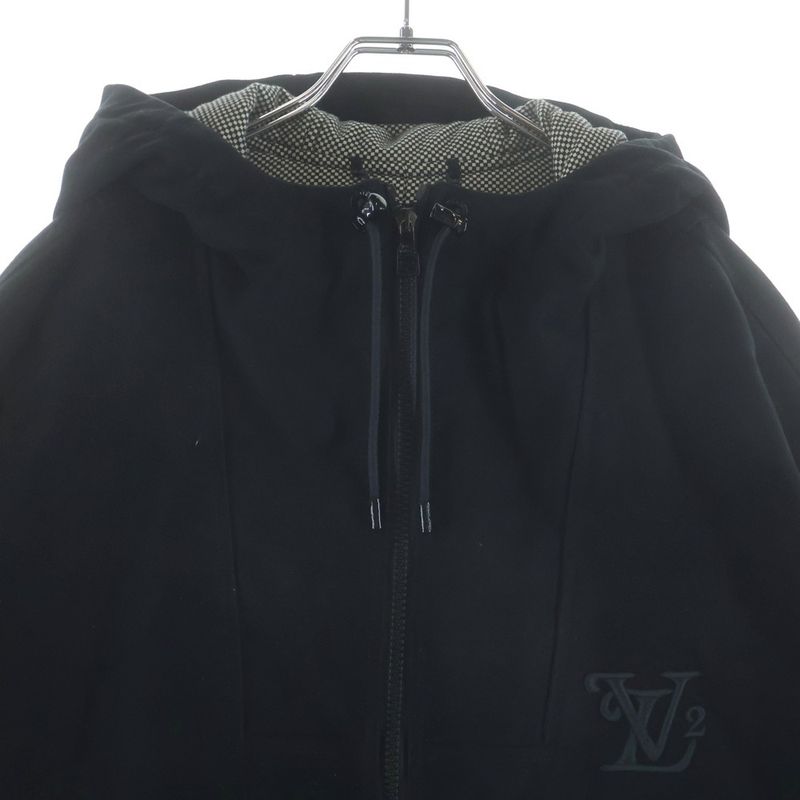 Louis Vuitton Logo Embroidery Wool Hooded Zip Up Jacket Coat Black
