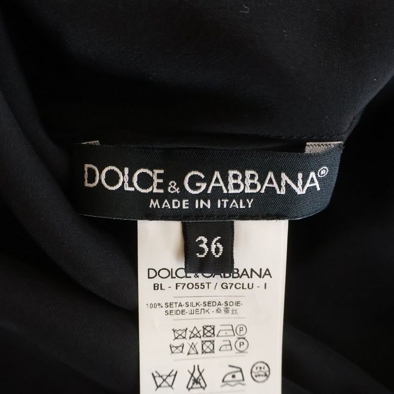 Dolce & Gabbana Emblem Flower Embroidery Silk Long Sleeve Top Black
