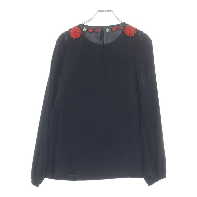 Dolce & Gabbana Emblem Flower Embroidery Silk Long Sleeve Top Black