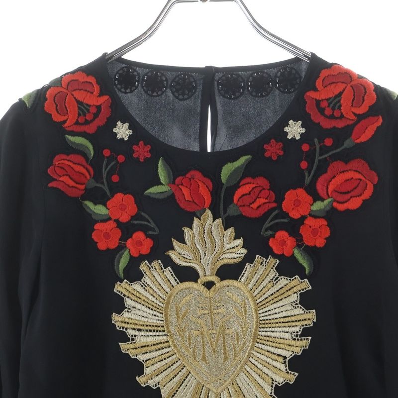 Dolce & Gabbana Emblem Flower Embroidery Silk Long Sleeve Top Black