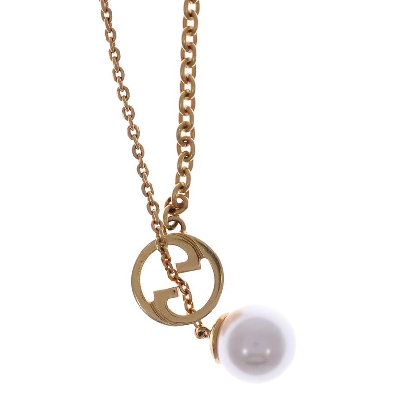 Gucci Blanc D Interlocking Drop Pearl Necklace Gold