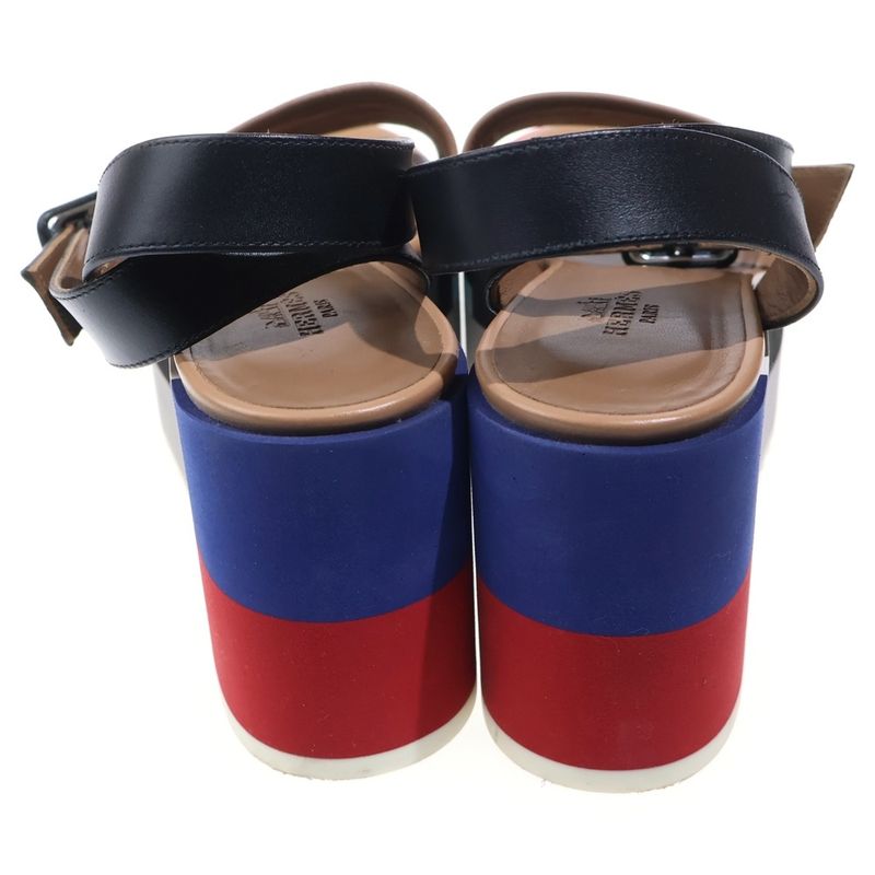 Hermes Wedge Sole Multicolor Leather Strap Platform Sandals Shoes Black Beige
