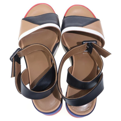 Hermes Wedge Sole Multicolor Leather Strap Platform Sandals Shoes Black Beige