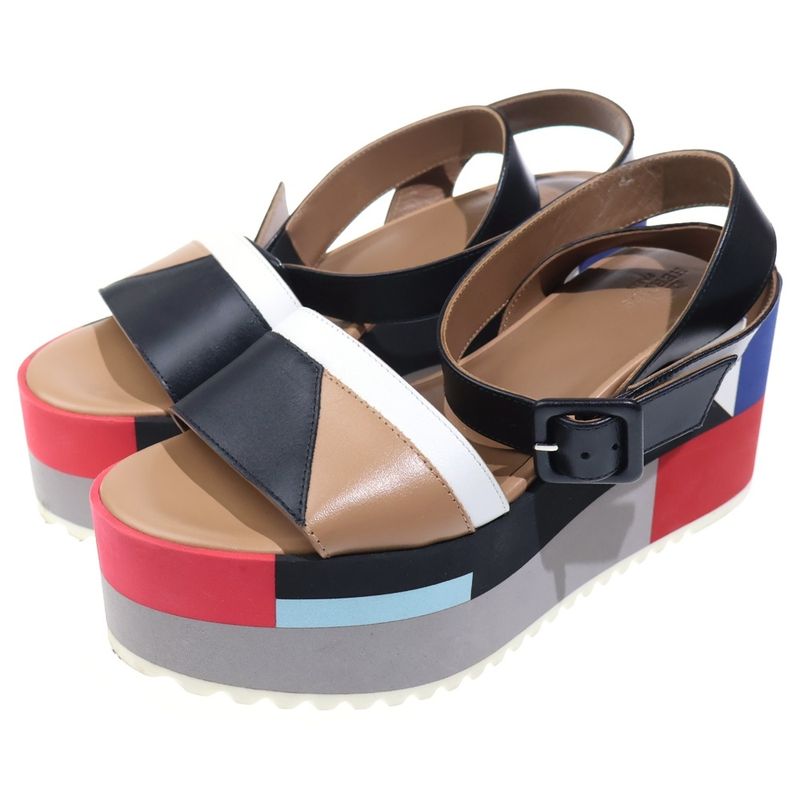 Hermes Wedge Sole Multicolor Leather Strap Platform Sandals Shoes Black Beige
