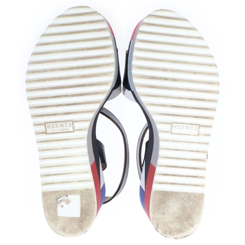 Hermes Wedge Sole Multicolor Leather Strap Platform Sandals Shoes Black Beige