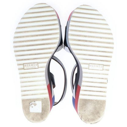 Hermes Wedge Sole Multicolor Leather Strap Platform Sandals Shoes Black Beige