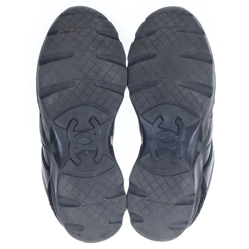 Chanel Leather Tweet Sneakers CC Logo Silver Black