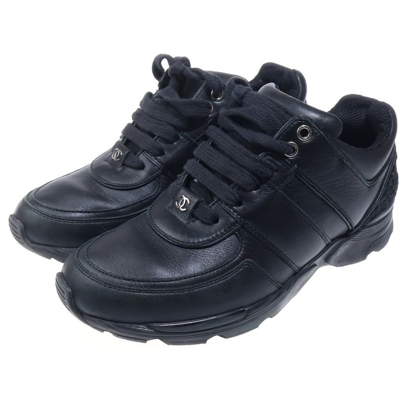 Chanel Leather Tweet Sneakers CC Logo Silver Black