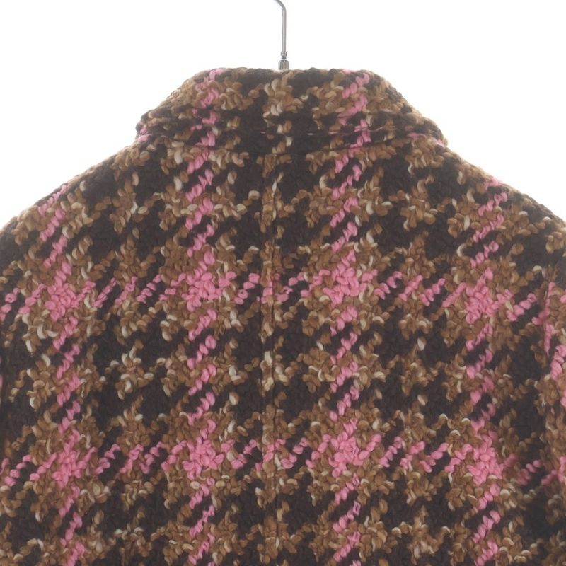 Miu Miu Wool Tweed Check All Over Pattern Stainless Steel Coat Brown Pink