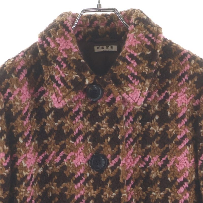 Miu Miu Wool Tweed Check All Over Pattern Stainless Steel Coat Brown Pink