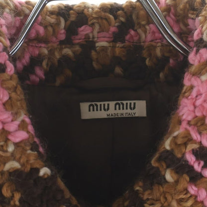 Miu Miu Wool Tweed Check All Over Pattern Stainless Steel Coat Brown Pink