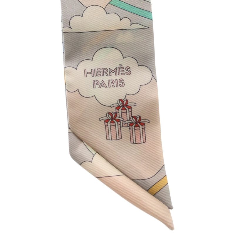 Hermes Twilly Flying Carre Silk Scarf Pink Beige