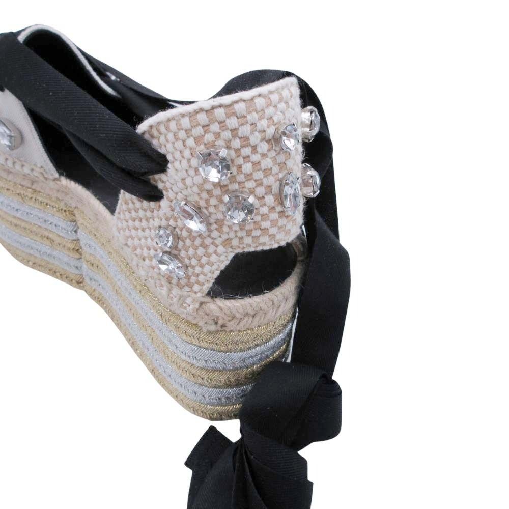 Loewe Paula S Ibiza Crystal Ribbon Espadrille Sandals Wedge Sole 38 Black