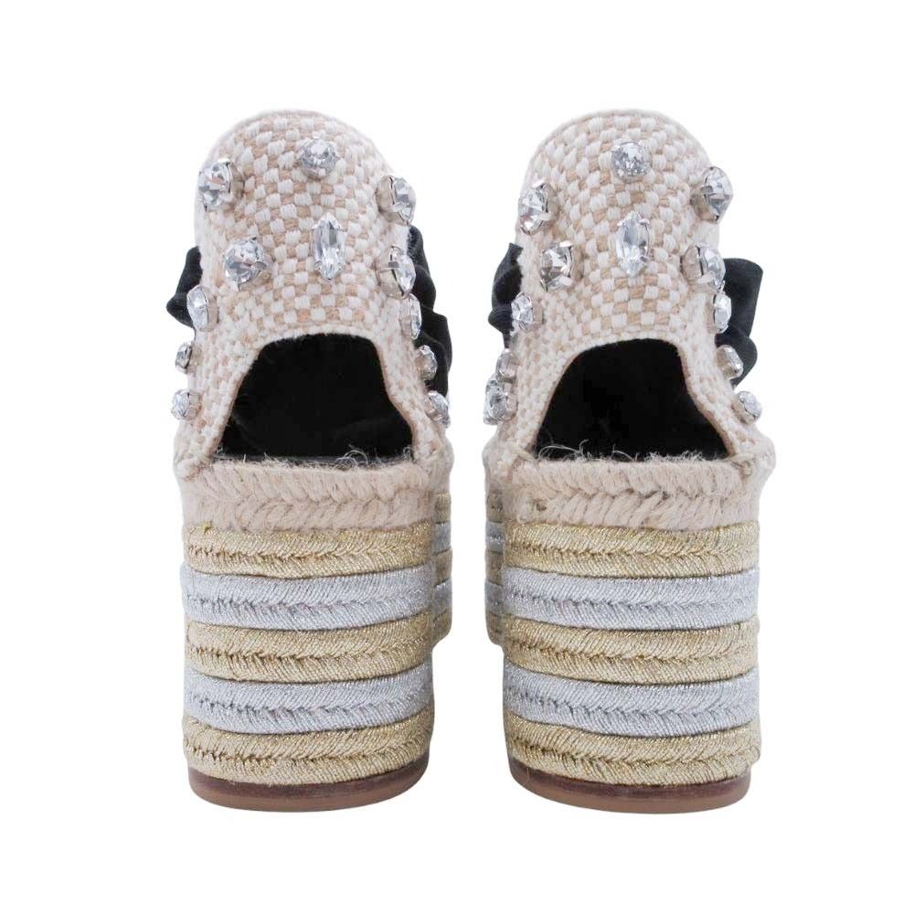 Loewe Paula S Ibiza Crystal Ribbon Espadrille Sandals Wedge Sole 38 Black