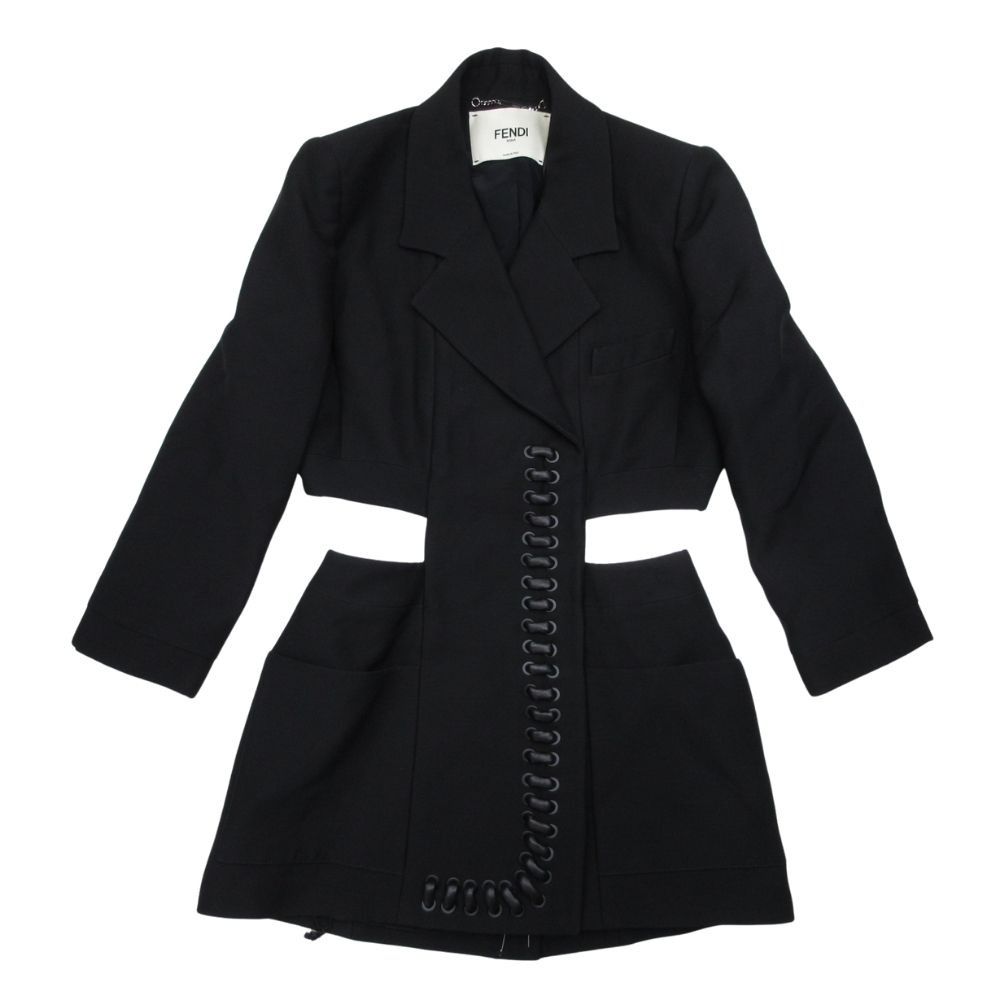 Fendi Silk Blend Lambskin Waist Cutout Jacket Dress 40 Black