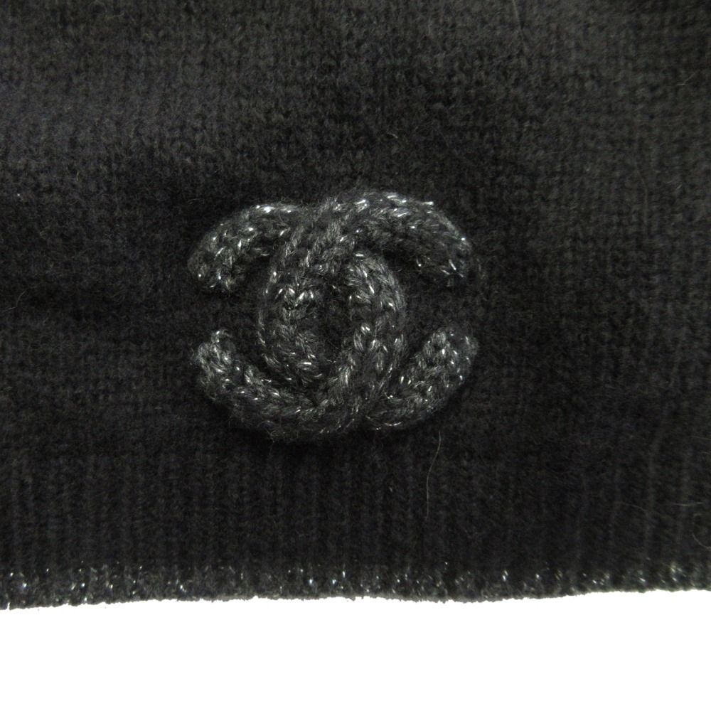 Chanel CC Logo Cashmere Silk Knit Cap Beanie Cap Lame Black Gray
