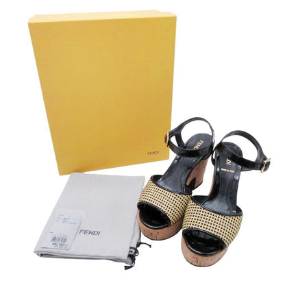 Fendi Frendi Cork Sole Thick Strap Sandals Shoes Enamel 35.5 Black Beige