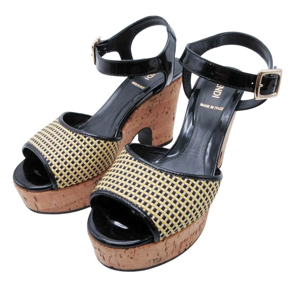 Fendi Frendi Cork Sole Thick Strap Sandals Shoes Enamel 35.5 Black Beige