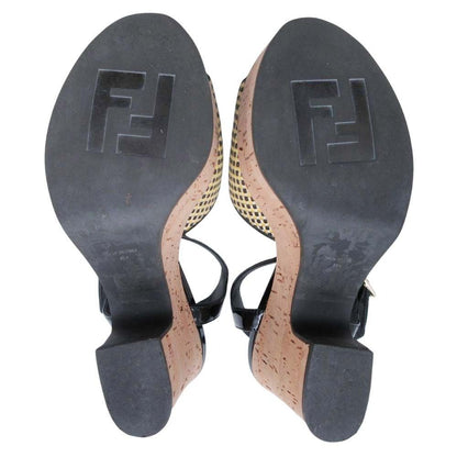 Fendi Frendi Cork Sole Thick Strap Sandals Shoes Enamel 35.5 Black Beige