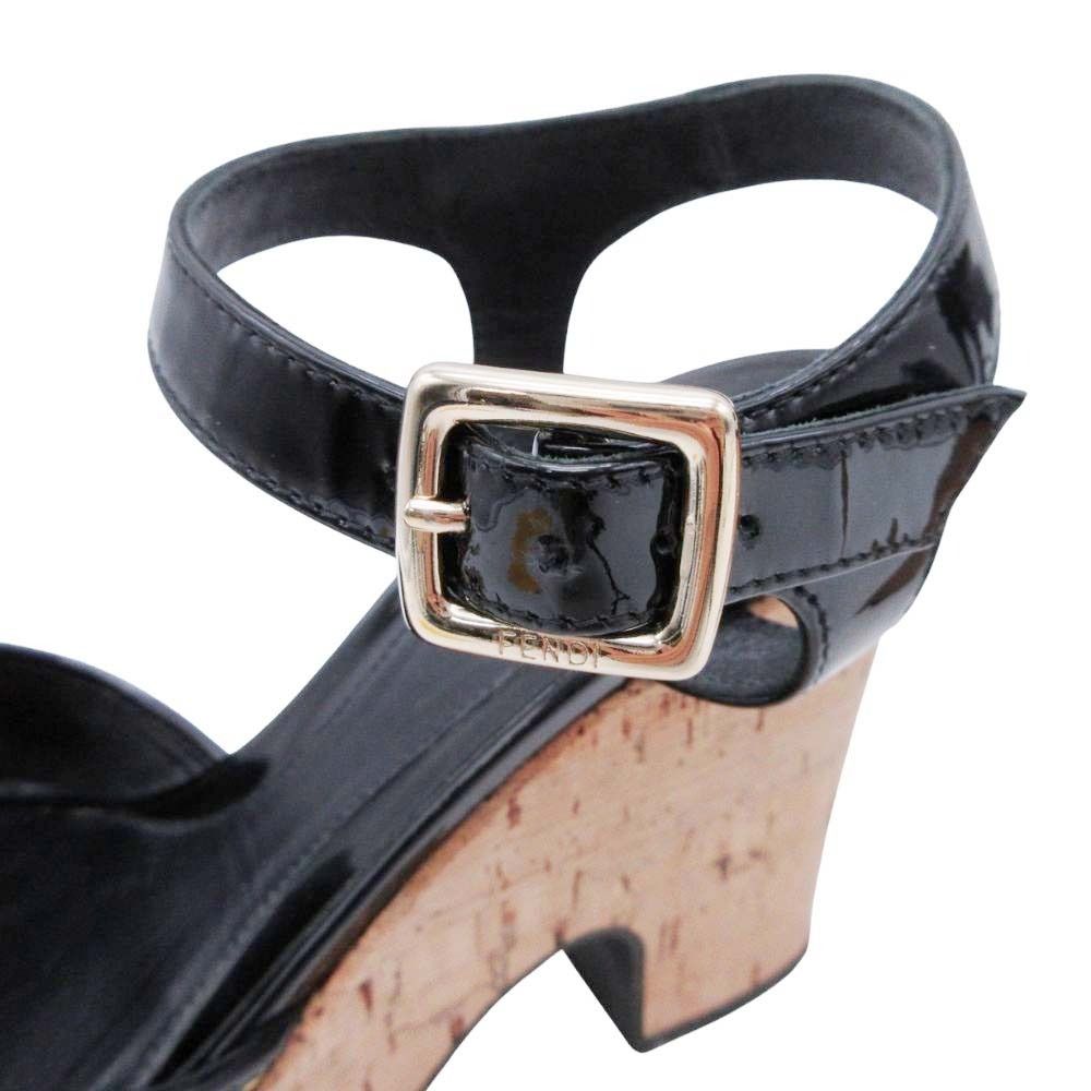 Fendi Frendi Cork Sole Thick Strap Sandals Shoes Enamel 35.5 Black Beige