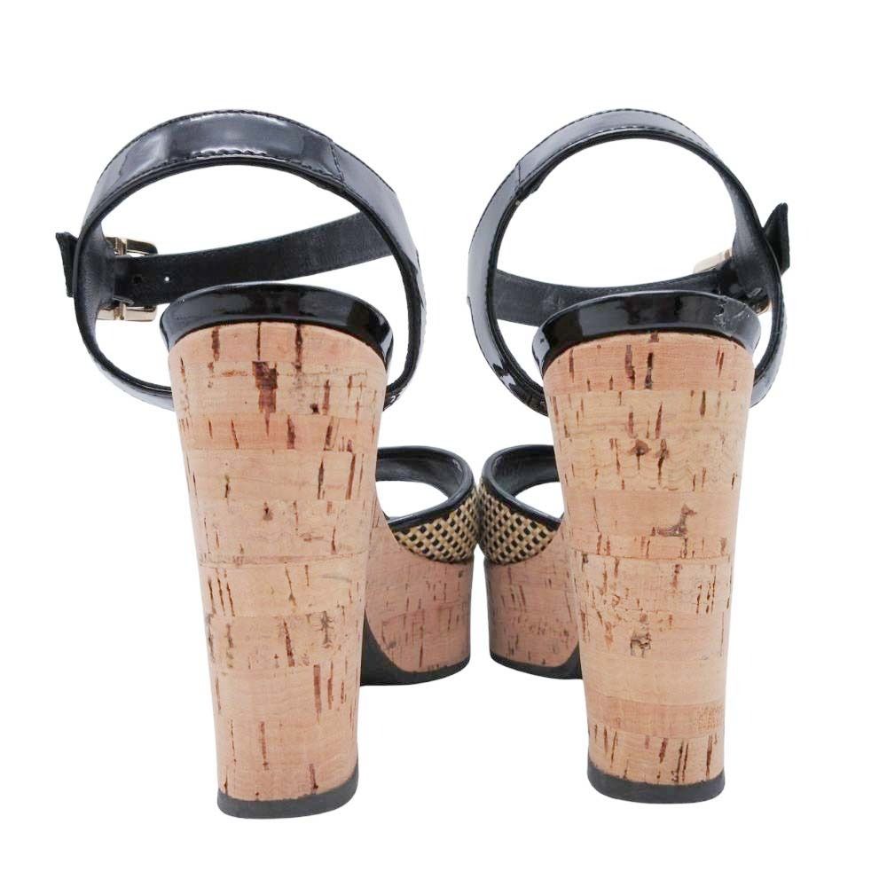 Fendi Frendi Cork Sole Thick Strap Sandals Shoes Enamel 35.5 Black Beige