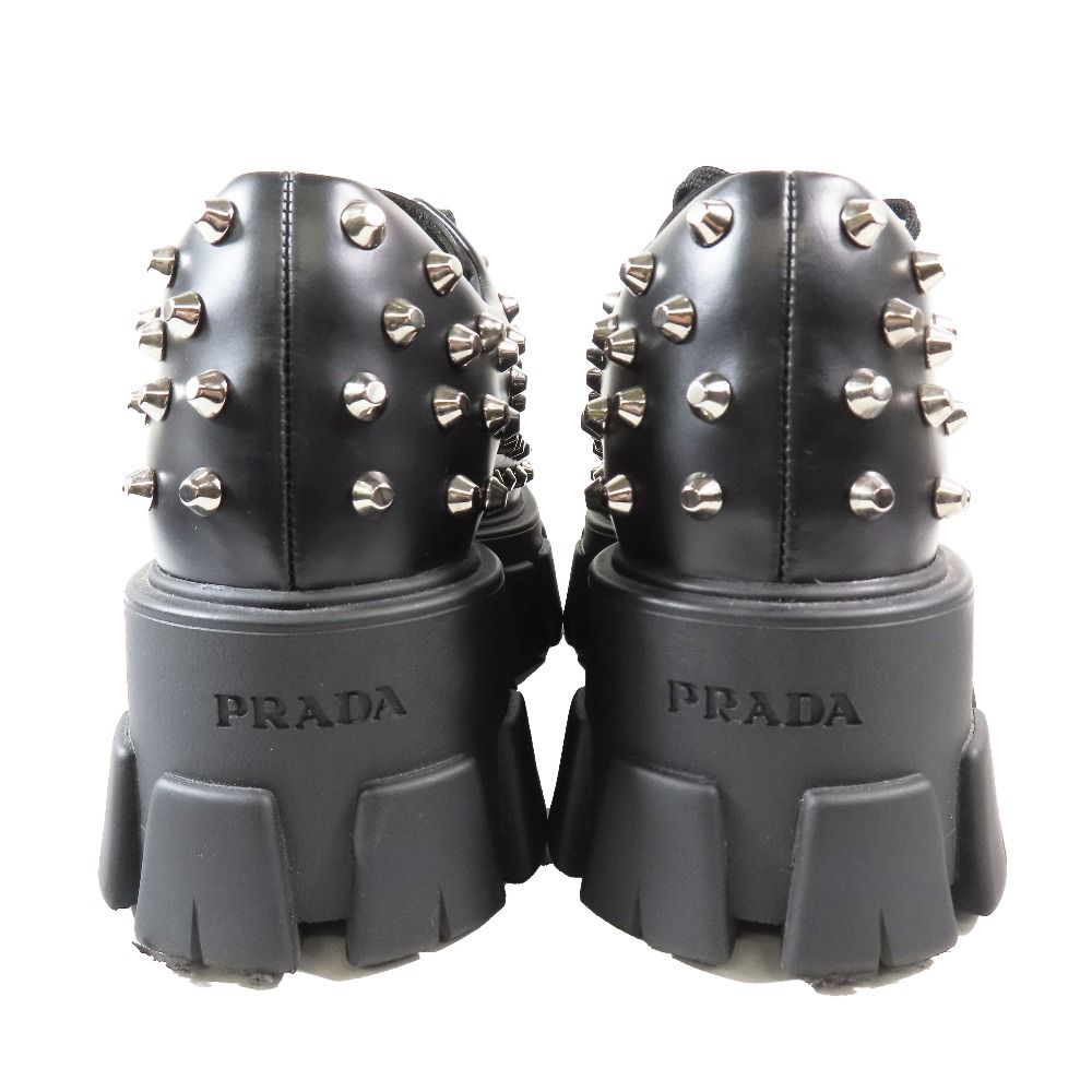 Prada 714 Monolith Brushed Leather Thick Sole Studded Loafers Lace Up Shoes