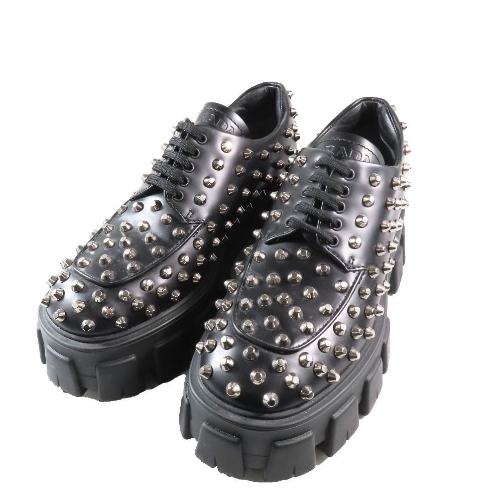 Prada 714 Monolith Brushed Leather Thick Sole Studded Loafers Lace Up Shoes