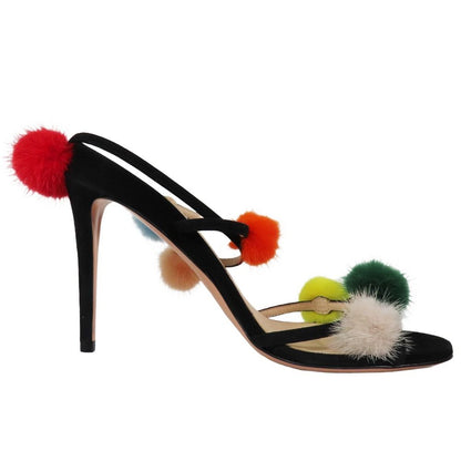 Fendi Fur Pom Sandals High Heels Shoes Ankle Strap Suede Leather 39 Black