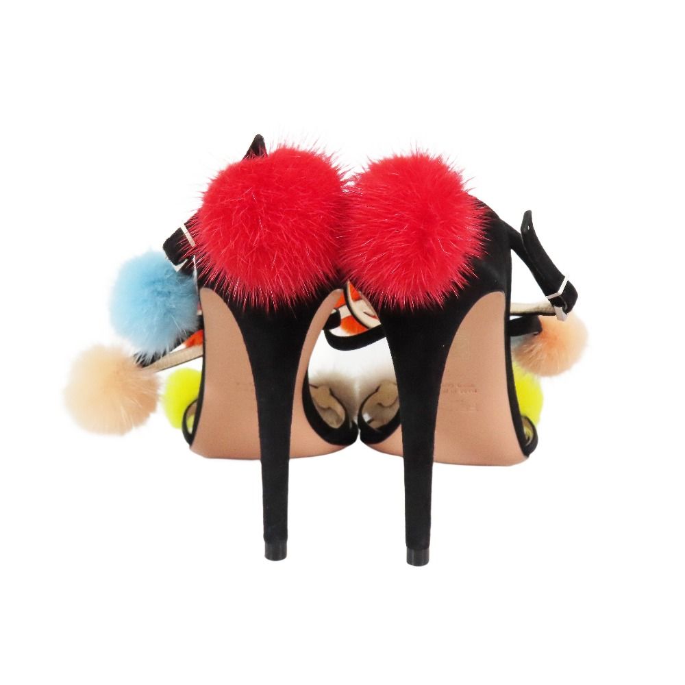 Fendi Fur Pom Sandals High Heels Shoes Ankle Strap Suede Leather 39 Black