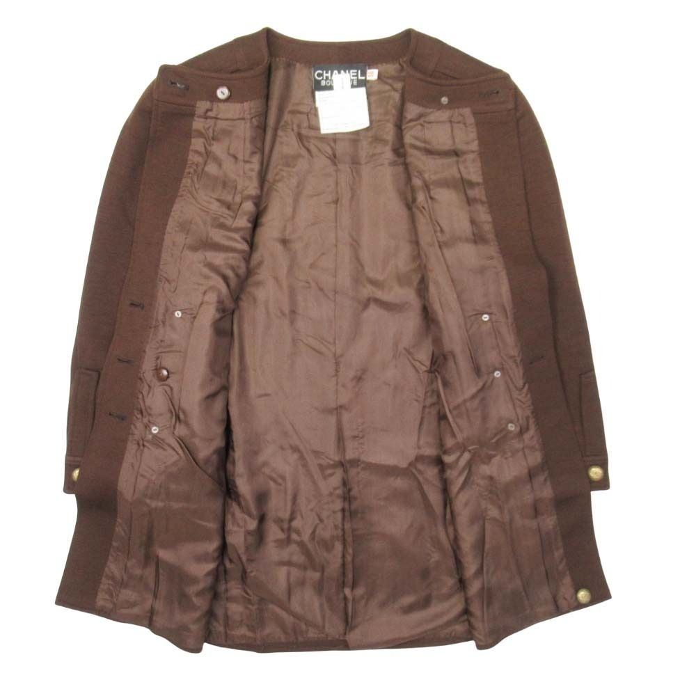 Chanel Vintage CC Logo Gold Button Skirt Suit Collarless Jacket Tight Brown 36