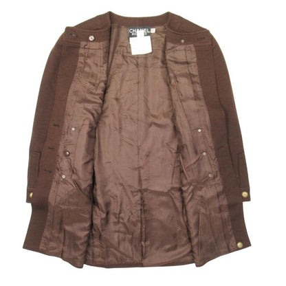 Chanel Vintage CC Logo Gold Button Skirt Suit Collarless Jacket Tight Brown 36