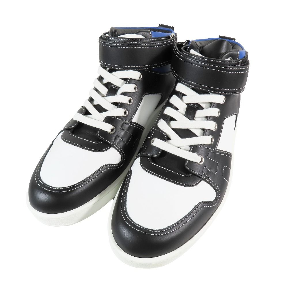 Hermes Logo Clou de Selle Style Leather High Cut Sneakers Shoes Black Blue