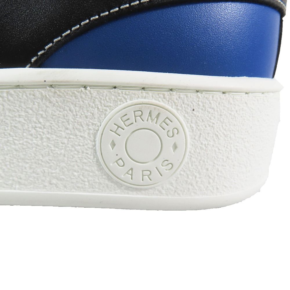 Hermes Logo Clou de Selle Style Leather High Cut Sneakers Shoes Black Blue