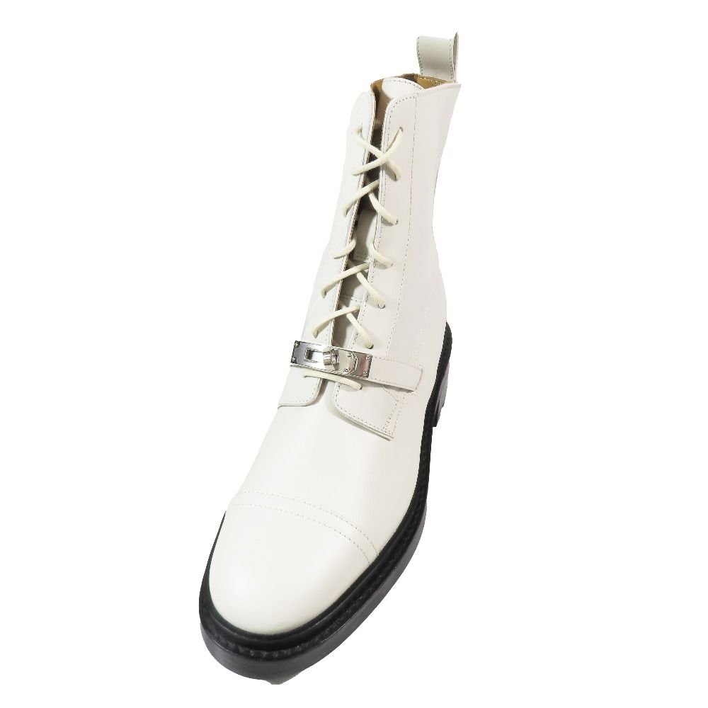 Hermes Funk Kelly Buckle Leather Short Boots Lace Up Shoes White